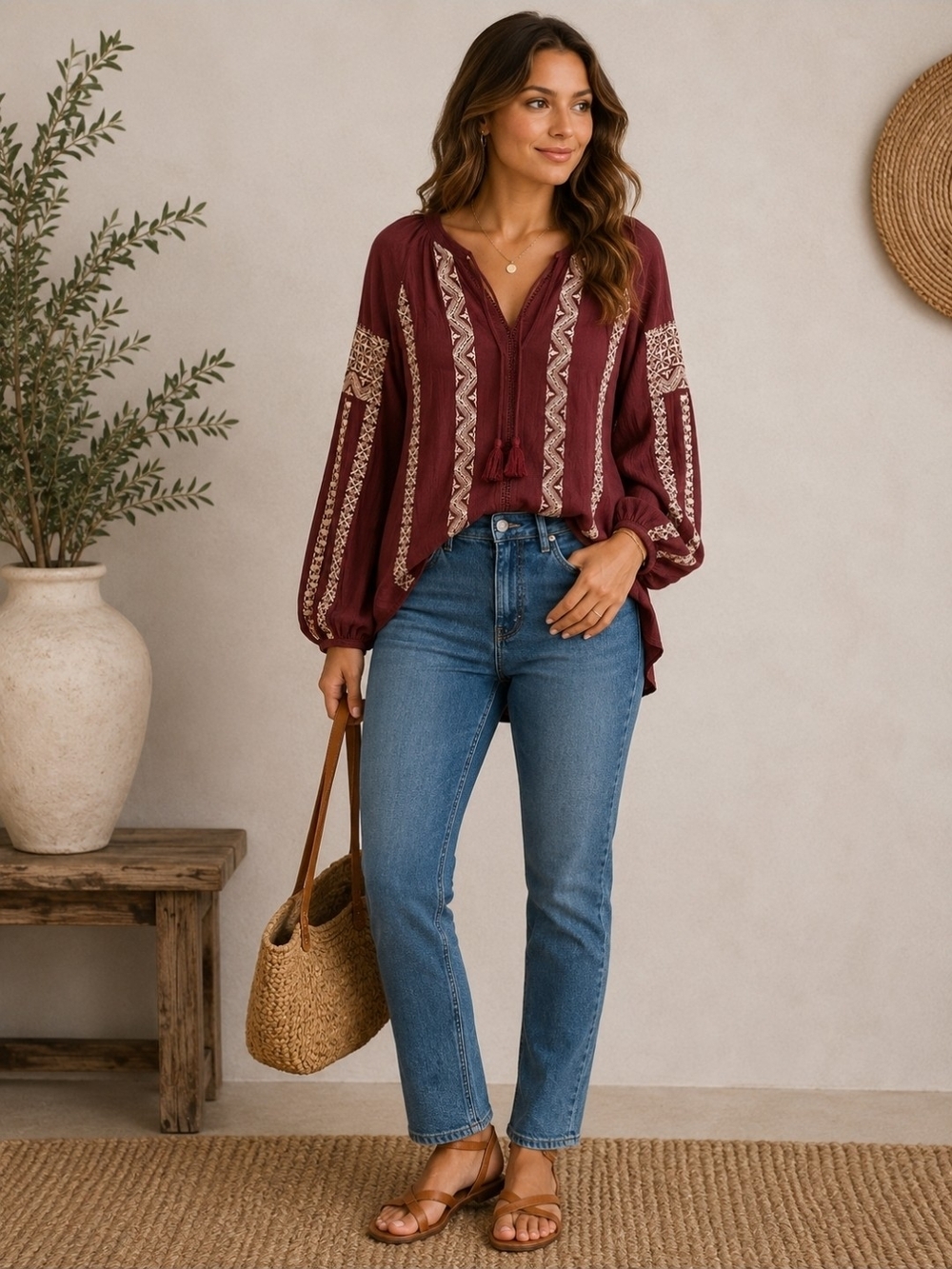 American Eagle Outfitters Burgundy Embroidered Tassel V-Neck Tunic